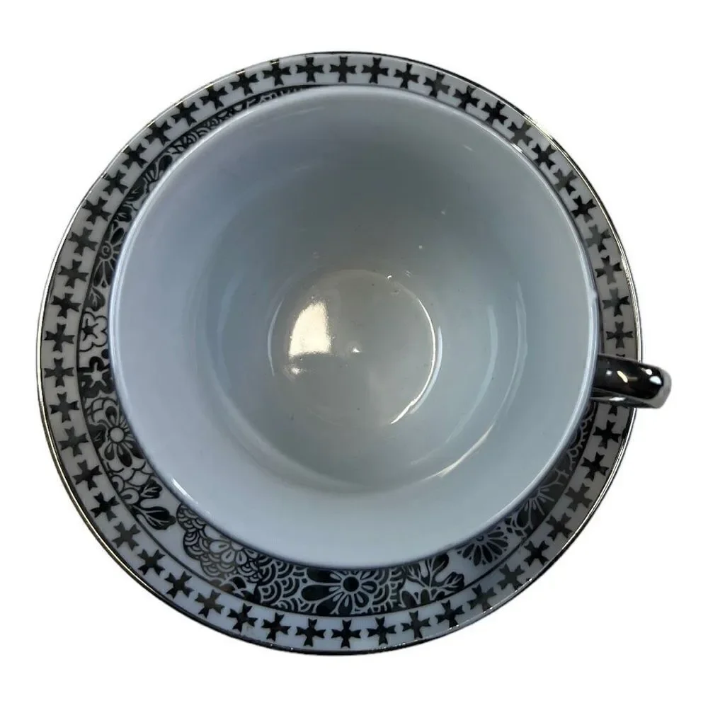Genes Wares Italian Series Teacup and Saucer Set of 1 Silver White Floral Print